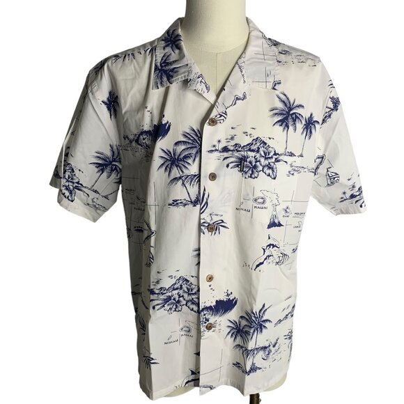 Palmwave Button Up Hawaiian Camp Shirt XL White Chest Pocket Short Sleeves - Picture 1 of 5